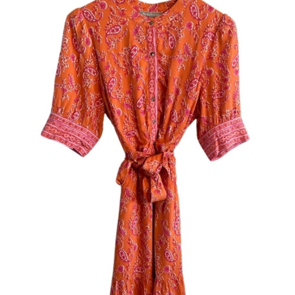 New Daniel Rainn Alianna fit flare tie waist dress Coral paisley print Size M
